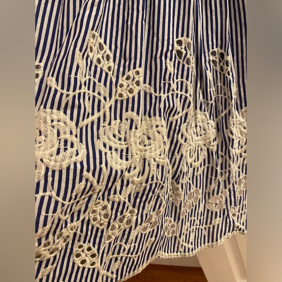 Unique Vintage Blue and White Striped Halter Dress with Embroidered Eyelet Trim - Picture 4 of 13